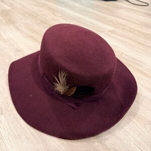 Burgundy Felt Wide-Brim Hat with Feather Trim